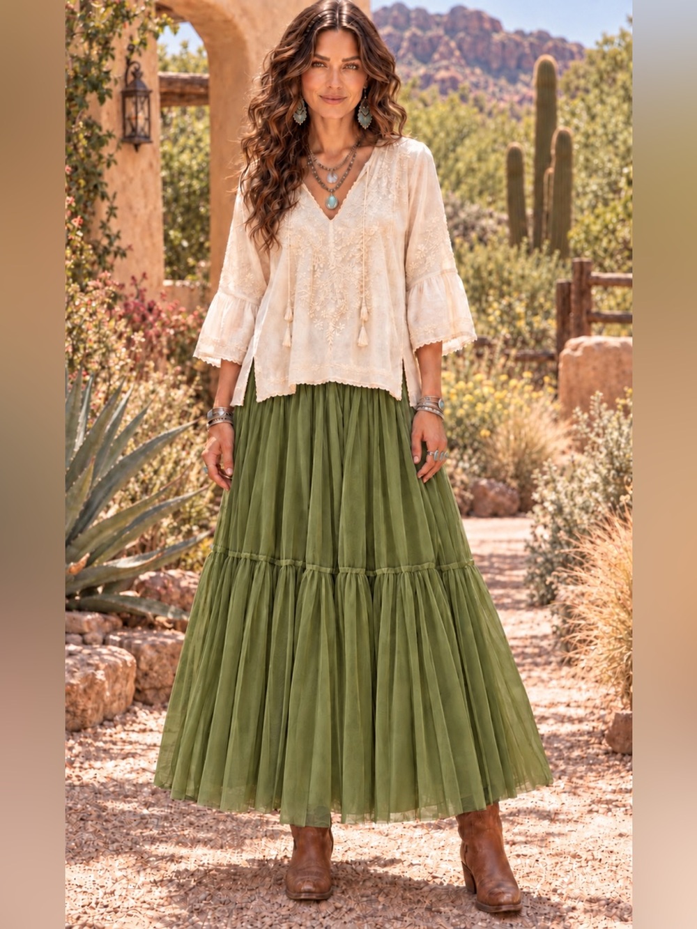 H265 NWT Jaded Gypsy OS w14-24 Olive Tiered Tulle Maxi Skirt